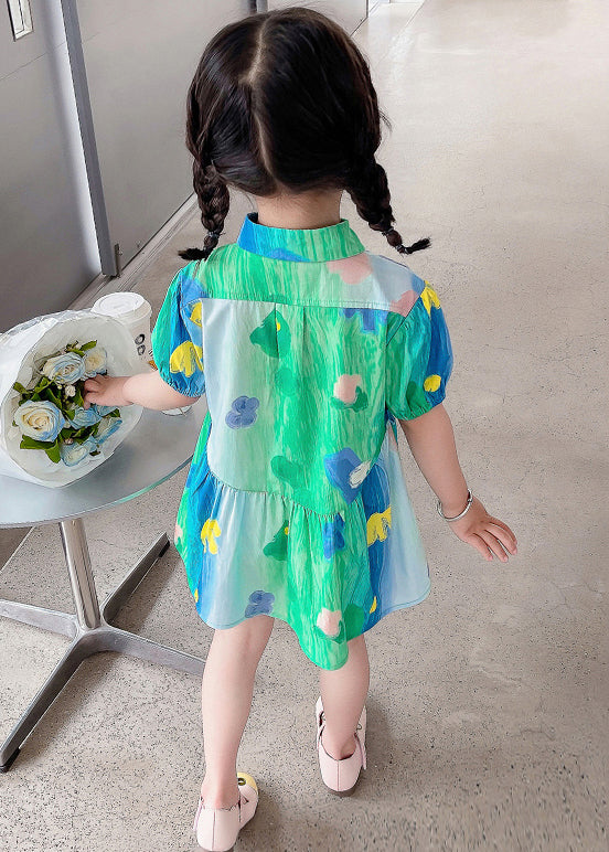 Stylish Green Ruffled Button Cotton Girls Shirt Dresses Summer