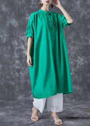 Stylish Green Stand Collar Oversized Tassel Cotton Shirt Dress Summer