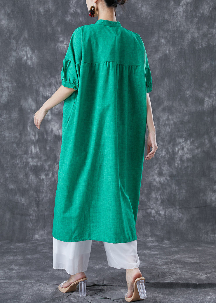 Stylish Green Stand Collar Oversized Tassel Cotton Shirt Dress Summer