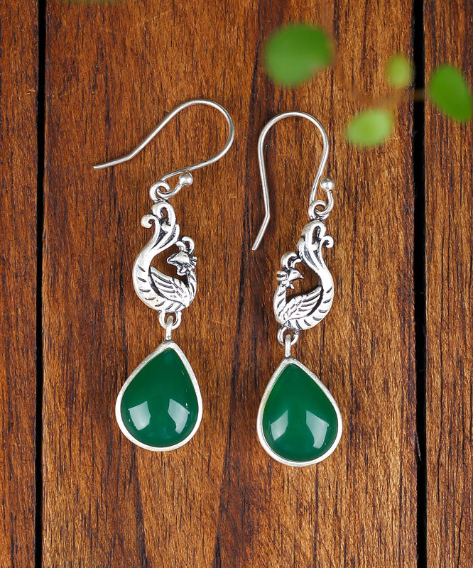 Stylish Green Sterling Silver Inlaid Water Drop Chalcedony Drop Earrings