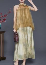 Stylish Green Tie Dye Cold Shoulder Chiffon Robe Dresses Summer