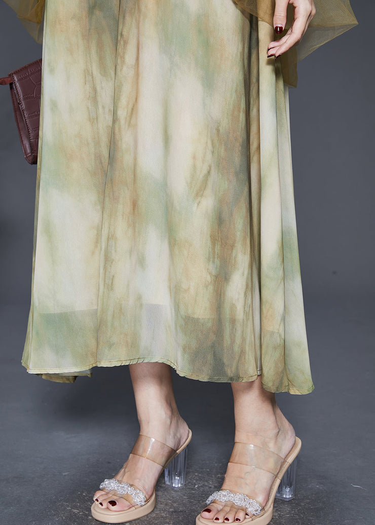 Stylish Green Tie Dye Cold Shoulder Chiffon Robe Dresses Summer