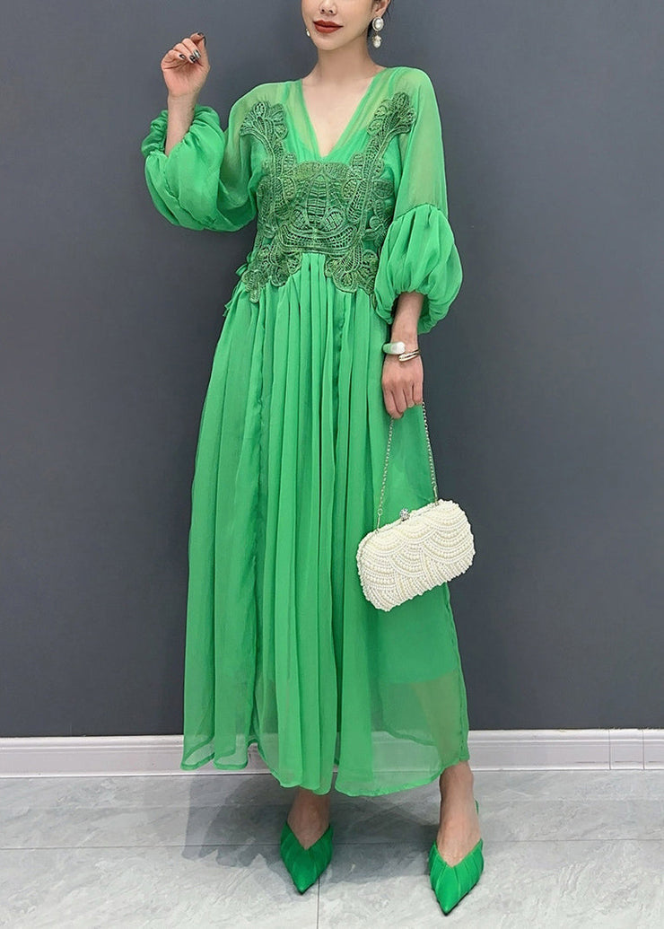 Stylish Green V Neck Embroidered Floral Chiffon Long Dress Fall