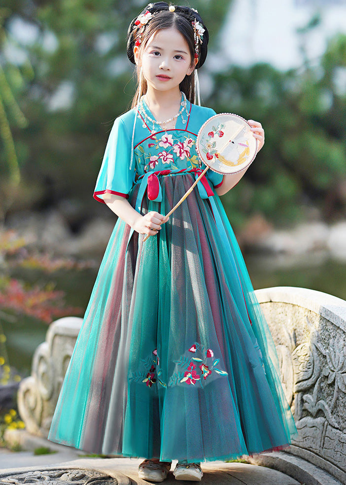 Stylish Green V Neck Embroideried Kids Maxi Dresses Summer