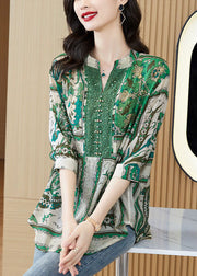 Stylish Green V Neck Print Zircon Patchwork Cotton Tops Summer