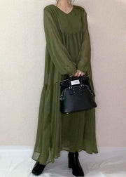 Stylish Green V Neck Wrinkled Patchwork Chiffon Dress Spring