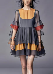 Stylish Grey O Neck Ruffled Patchwork Chiffon Dresses Summer