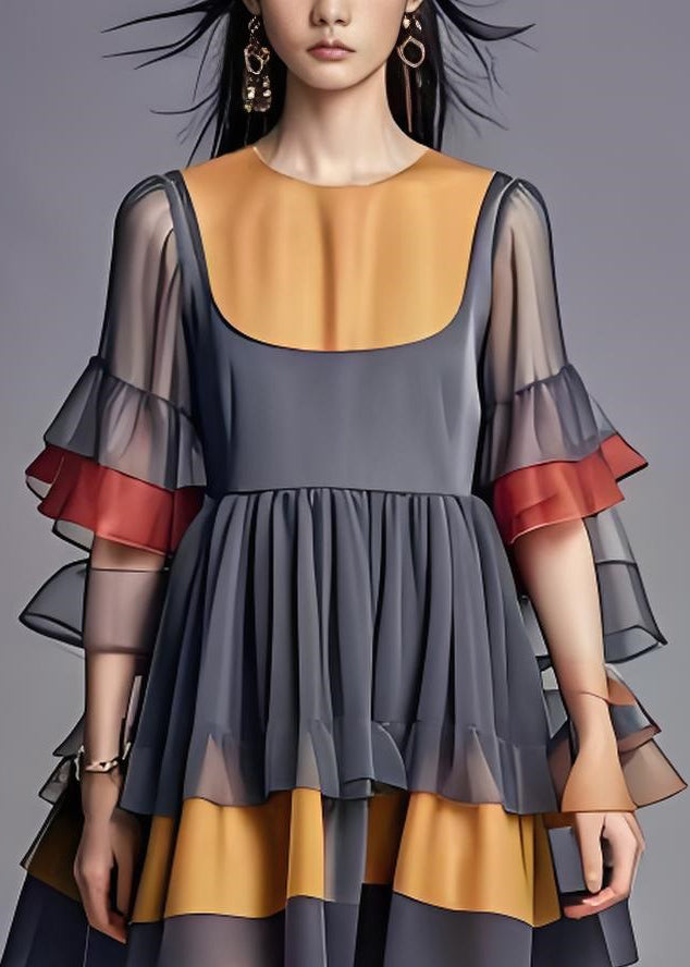 Stylish Grey O Neck Ruffled Patchwork Chiffon Dresses Summer