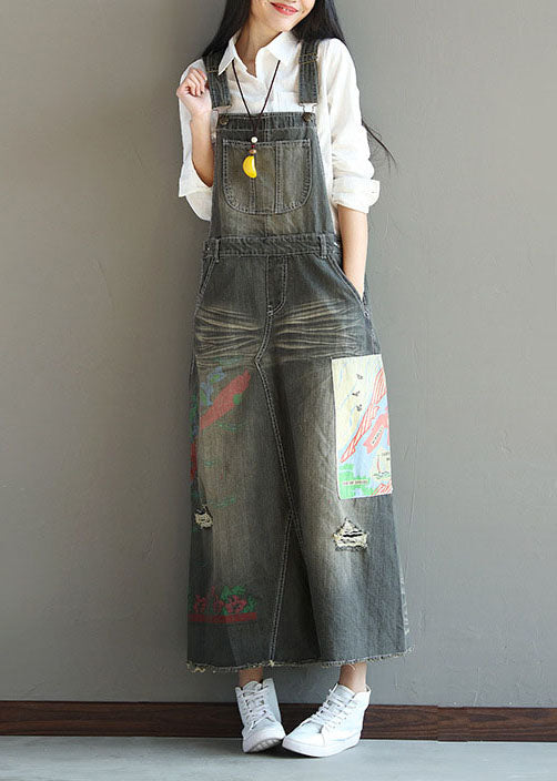 Stylish Grey Patchwork Print Denim Carpenter Dress Spring