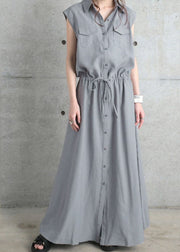 Stylish Grey Peter Pan Collar Patchwork Drawstring Cotton Dresses Sleeveless