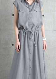 Stylish Grey Peter Pan Collar Patchwork Drawstring Cotton Dresses Sleeveless