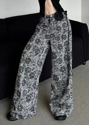 Stylish Grey Print Pockets Denim Wide Leg Pants Fall