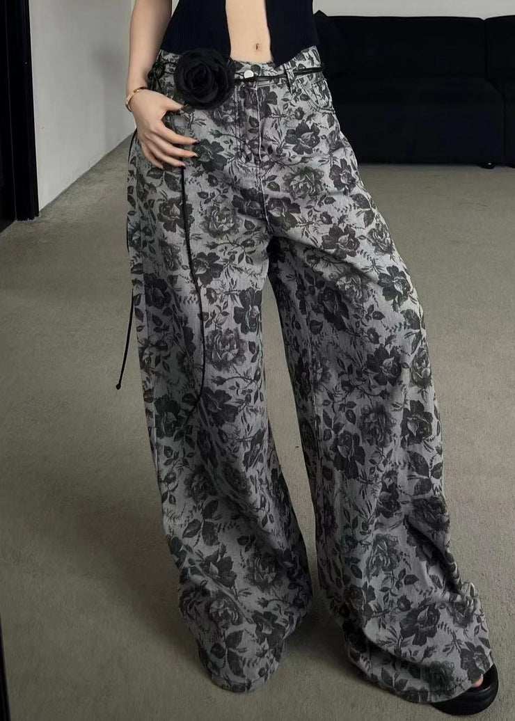 Stylish Grey Print Pockets Denim Wide Leg Pants Fall