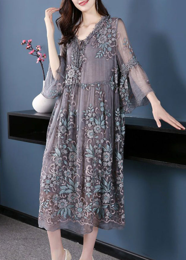 Stylish Grey V Neck Embroideried Lace Up Silk Dress Summer