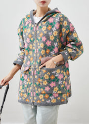 Stylish Grey Zip Up Floral Print Knit Coat Spring