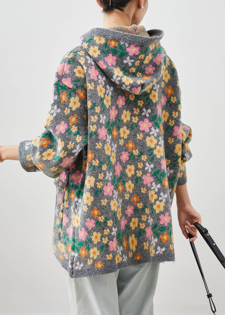 Stylish Grey Zip Up Floral Print Knit Coat Spring