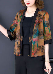 Stylish Khaki Oversized Print Silk Cardigan Half Sleeve