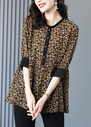 Stylish Leopard O Neck Wrinkled Patchwork Cotton Blouses Summer