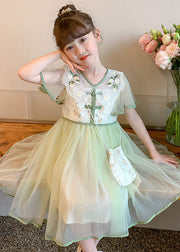 Stylish Light Green Embroideried Wrinkled Patchwork Tulle Kids Girls Dress Summer