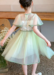 Stylish Light Green Embroideried Wrinkled Patchwork Tulle Kids Girls Dress Summer