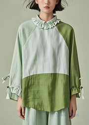 Stylish Light Green Ruffled Patchwork Cotton Blouses Long Sleeve