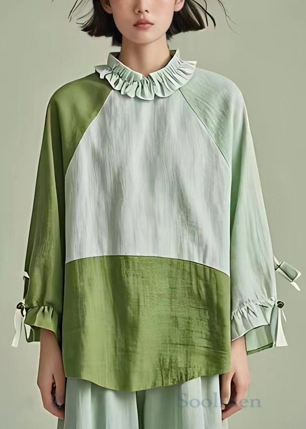 Stylish Light Green Ruffled Patchwork Cotton Blouses Long Sleeve