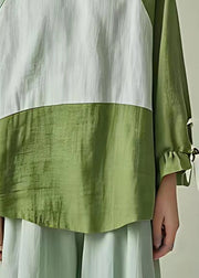 Stylish Light Green Ruffled Patchwork Cotton Blouses Long Sleeve