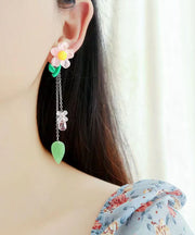 Stylish Light Green Sterling Silver Crystal Floral Tassel Drop Earrings