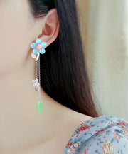 Stylish Light Green Sterling Silver Crystal Floral Tassel Drop Earrings