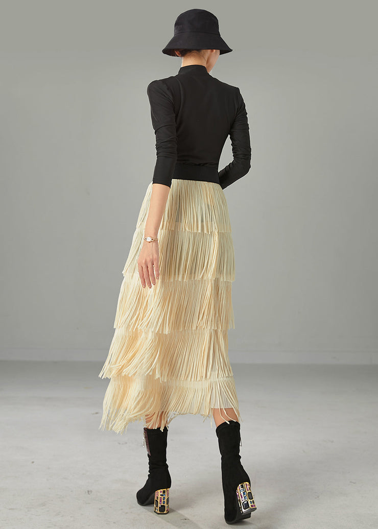 Stylish Light Yellow Layered Tasseled Slim Fit Skirts Summer