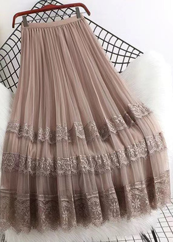 Stylish Loose Pink Lace Patchwork Wrinkled Tulle Skirts Spring