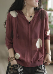 Stylish Mulberry Hooded Dot Print Knit Loose Coat Spring