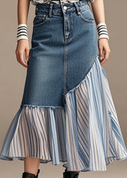 Stylish Navy Asymmetrical Patchwork Denim Pleated Skirt Spring