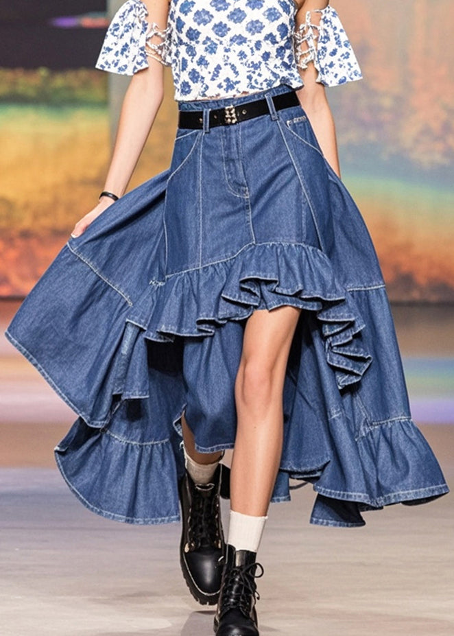 Stylish Navy Asymmetrical Patchwork Ruffles Denim Skirts Spring