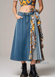 Stylish Navy Asymmetrical Patchwork Wrinkled Denim Skirts Spring