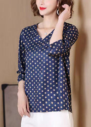 Stylish Navy Dotted Print Wear On Both Sides Silk Top Bracelet Sleeve