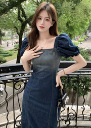 Stylish Navy Gradient Color Square Collar Denim Dress Puff Sleeve