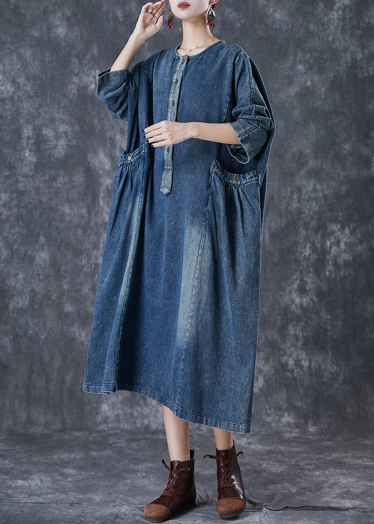 Stylish Navy Oversized Pockets Denim Robe Dresses Fall