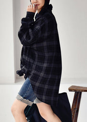 Stylish Navy Peter Pan Collar Plaid Low High Design Button Cotton Shirt Long Sleeve