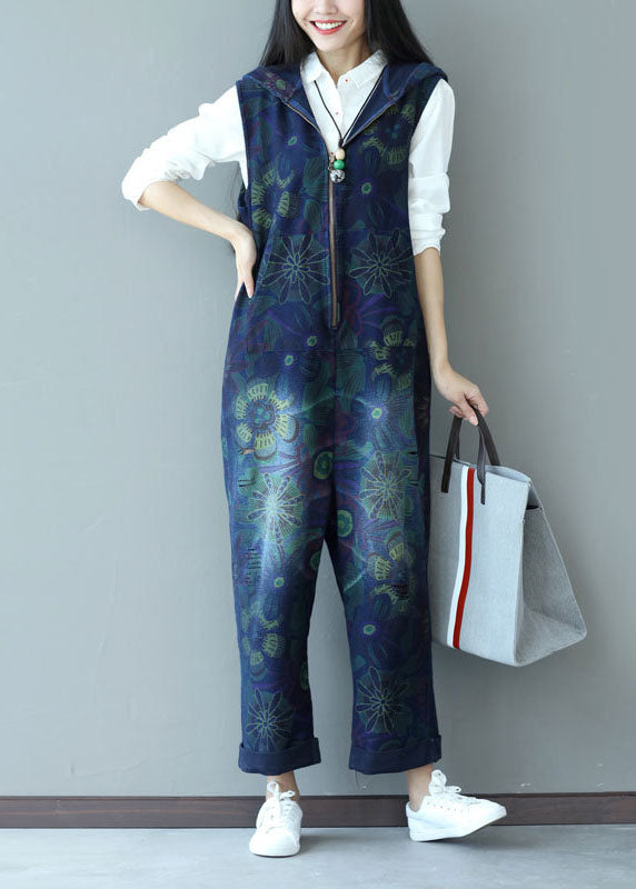 Stylish Navy Zippered Hooded Print Denim Jumpsuits Spring