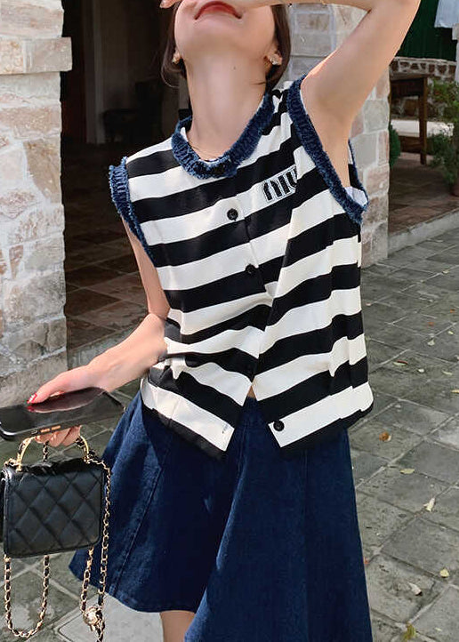 Stylish O-Neck Striped Denim Patchwork Cotton Two Pieces Set Summer