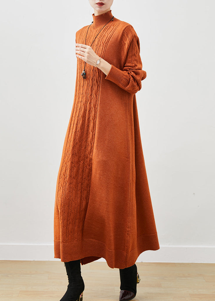 Stylish Orange Oversized Cable Knit Ankle Dress Spring