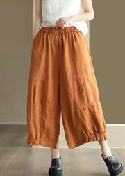 Stylish Orange Pockets Elastic Waist Cotton Crop Pants Summer