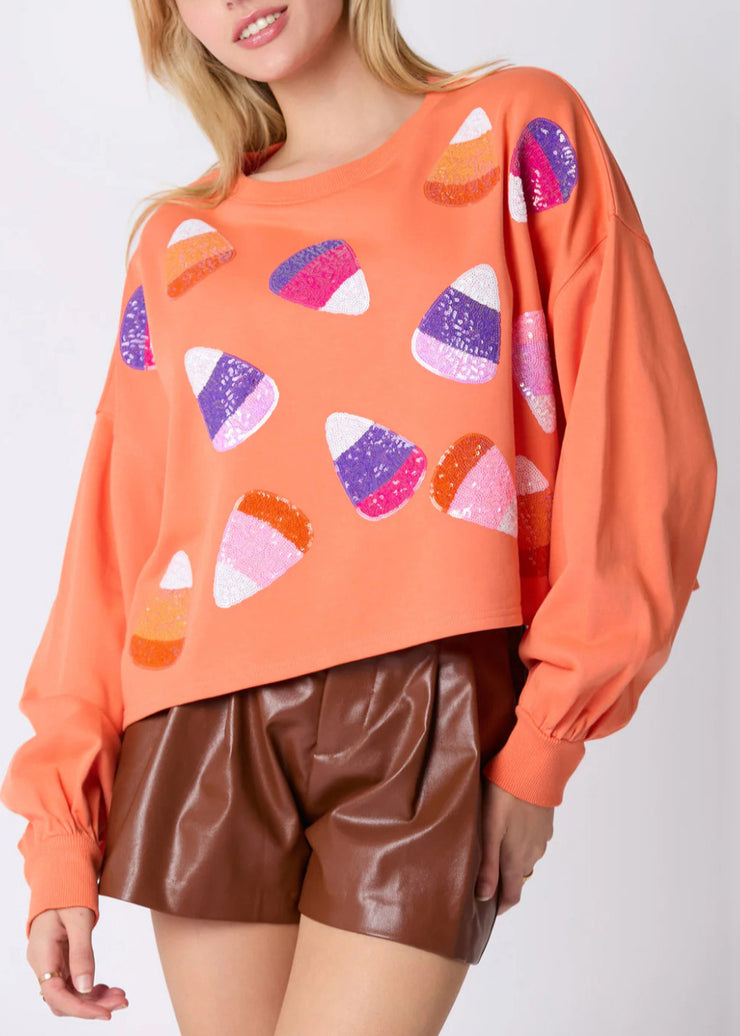 Stylish Orange Sequins Patchwork Cotton Sweatshirt Fall