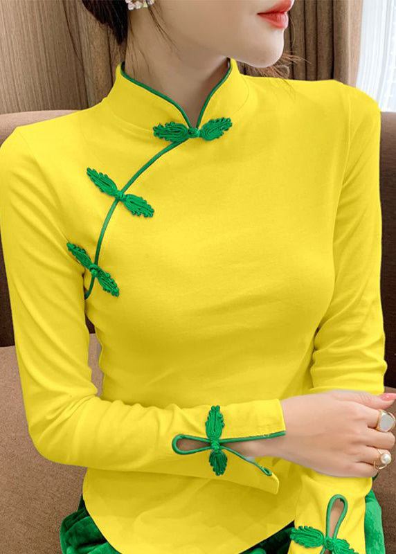 Stylish Orange Stand Collar Embroideried Asymmetrical Button Cotton Shirt Bottoming Shirt