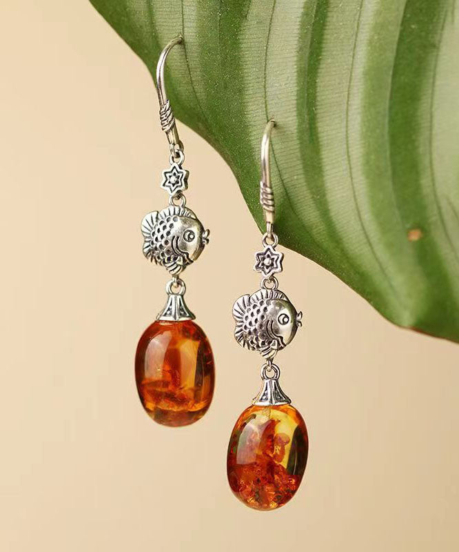 Stylish Orange Sterling Silver Water Droplet Amber Drop Earrings