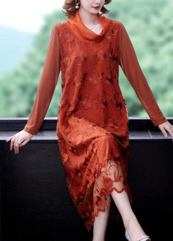 Stylish Orange Turtle Neck Embroideried Tulle Vacation Dresses Spring