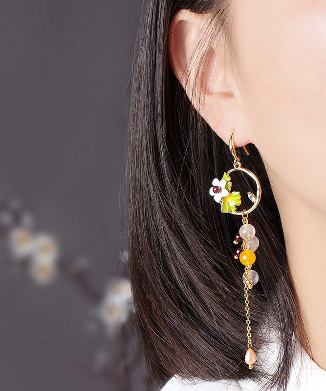 Stylish Overgild Gem Stone Chalcedony Crystal Pearl Cloisonne Shell Flower Metal Drop Earrings