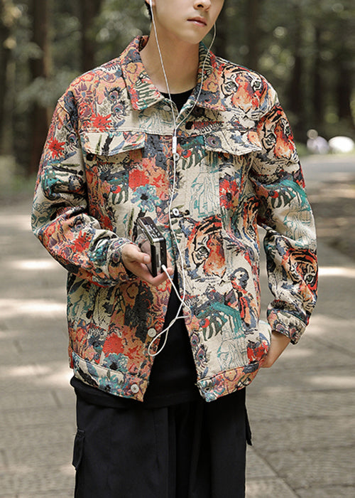 Stylish Photo Color Print Button Men Coat Fall