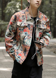 Stylish Photo Color Print Button Men Coat Fall